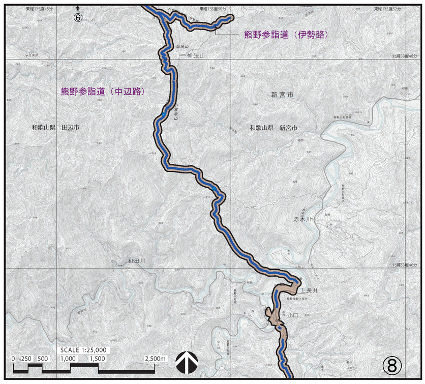 新宮市と田辺市に挟まれた熊野参詣道(中辺路)周辺の地図