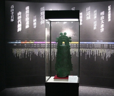 年表が書かれた壁の前の展示ケースに大きな青銅器が展示されている写真