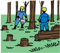 作業員2人が森林の木を伐採しているイラスト