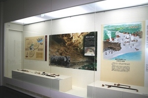 説明パネルと細長い出土品が並べられた展示の写真