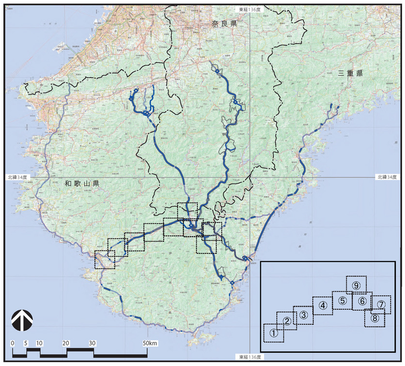 和歌山県・奈良県・三重県につながる道を青い線で示した地図