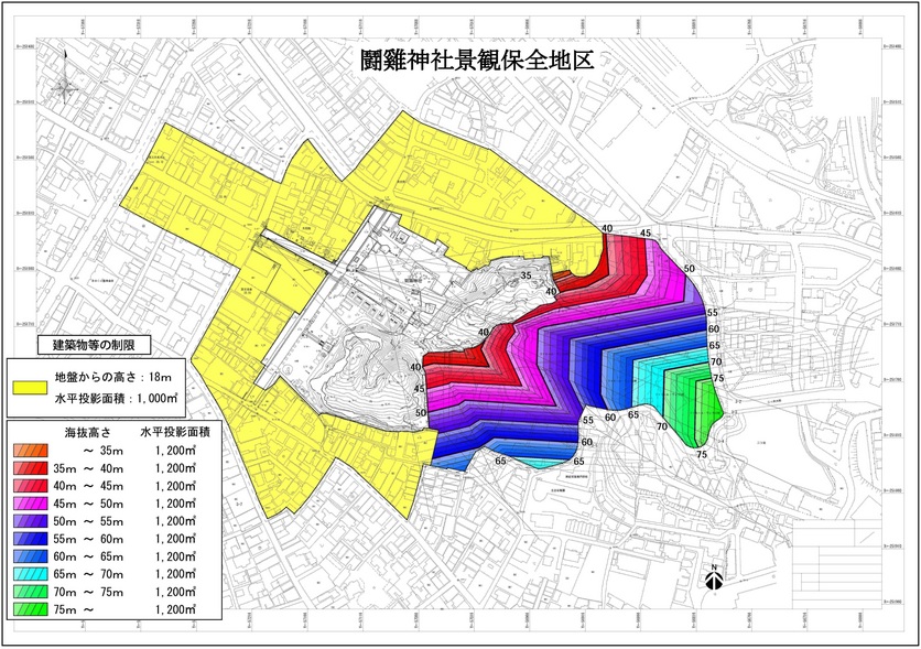 鬪雞神社景観保全地区を色で識別した地図