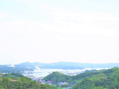 湾と山並みが見渡せる高台からの景色を写した写真