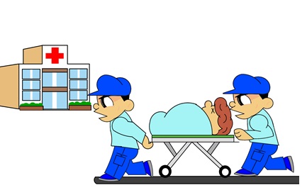 病院に向かって、青い作業着を着た男性二人が担架で人を運んでいるイラスト