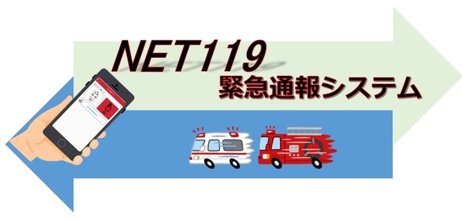 救急車と消防車が描かれたNET119緊急通報システムのイラスト