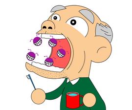 緑色のシャツを着たおじいさんが、斜め上を向きながらうがいをしているイラスト