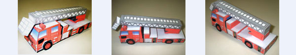はしご車のペーパークラフト作品を3つのアングルから撮った写真