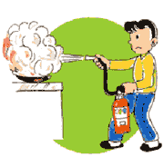 火元に向かってレバーを強く握って消火器を放射する男性のイラスト