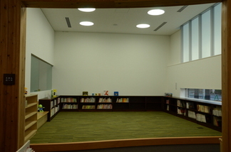 絵本が並んでおり、緑の絨毯が敷かれているエリア全体の写真