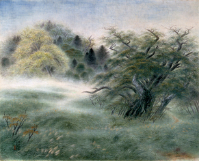 渡瀬凌雲が描いた草木が生い茂る風景を描いた南画の作品の写真