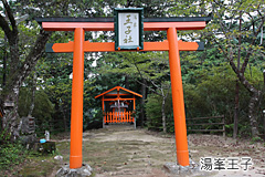 正面に赤い鳥居がありその奥に赤い社殿が建っている神社の入り口の写真