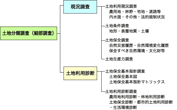 土地分類調査（細部調査）の構成を表した体系図 土地分類調査は大きく分けて現況調査と土地利用診断で構成される