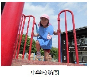 小学校訪問：帽子をかぶった園児が階段を上っている写真