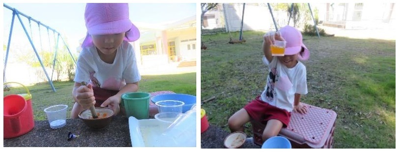 園児がお外でジュースを作っている写真