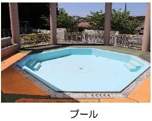 遠くに木が見えて周囲に円柱が設置しているプールの写真