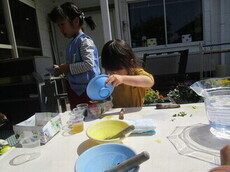 一人の園児が色水作りに挑戦している写真